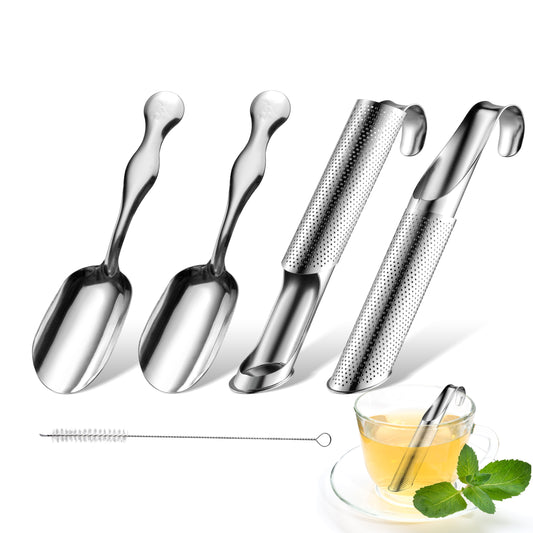Riumc Wifay 5Pcs Tea Strainers for Loose Leaf Fine Mesh Stainless Steel Long-Handle Tea Filter Stick Pipe Tea Steeper Strainer Reusable Tea Diffuser with Cleaning Brush Tea Spoons for Rose Spices Herb